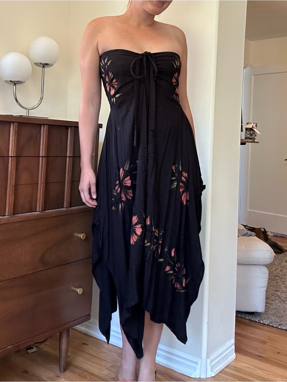 Vintage Strapless Black Floral Tie-Front Midi Dress